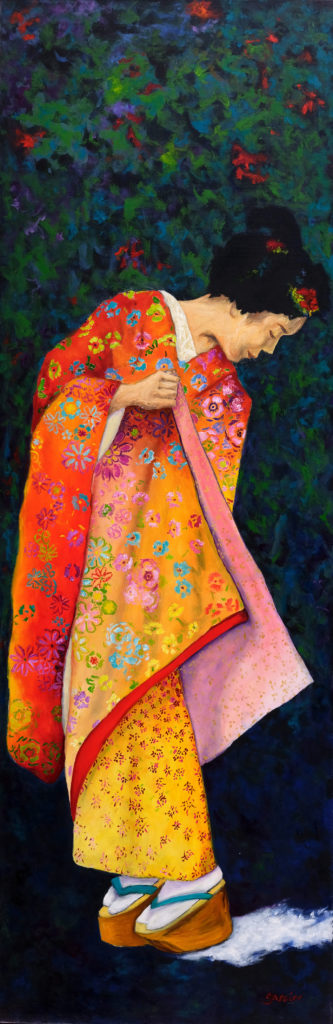 geisha kimono orange fleurs tête inclinée, tache d'ombre blanche.