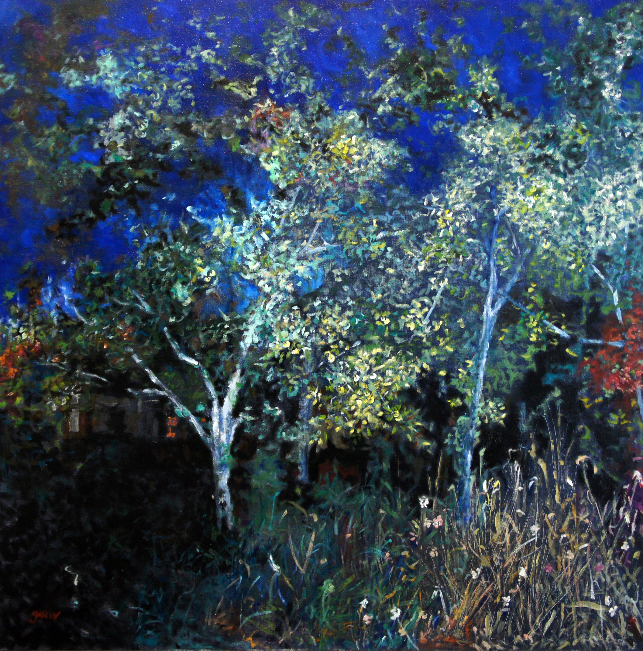 Ce tableau fait partie d'une série, sur l'heure bleue cette heure au moment où le jour laisse la place à la nuit. pommiers, graminés, flores, apparaît alors un paysage au clair de lune.