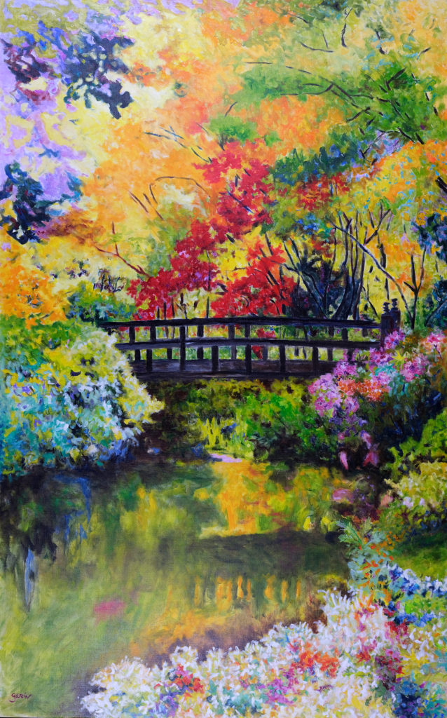 Le pont, 2018, huile sur toile 160 X 101 cm. paysage forêt avec un pont. Signature en bas gauche.