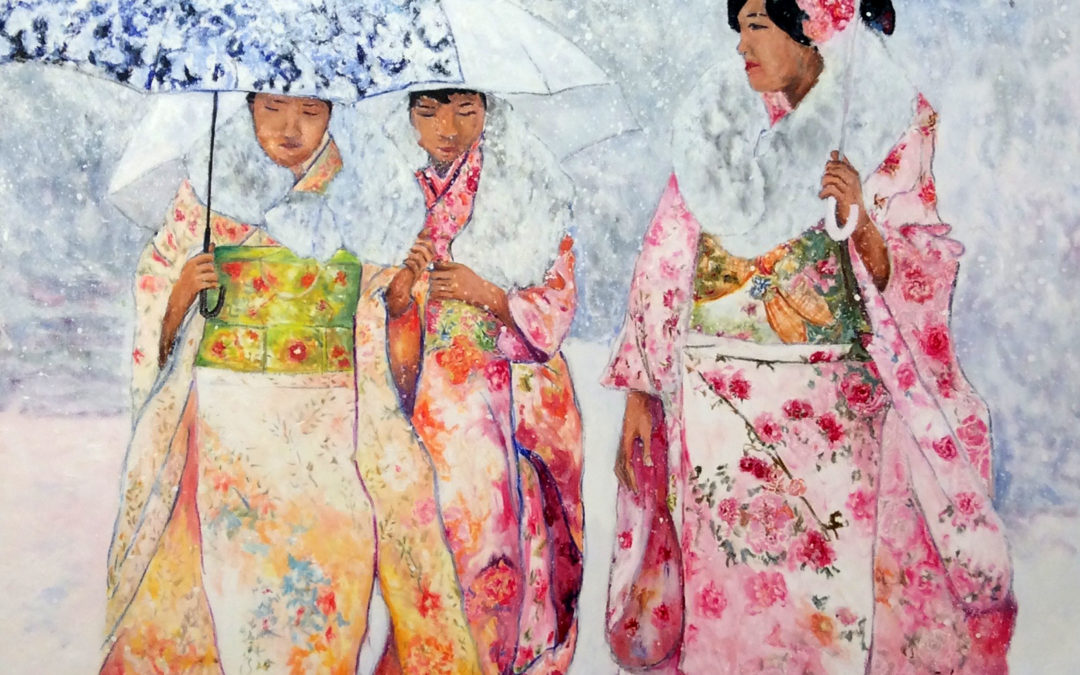 3 Geishas sous la neige, 2017, huile sur toile 120 x 120 cm.